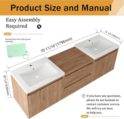 Malwee 72'' Floating Bathroom Vanity with Double Sink, Brown | Wall Mounted Double Sink Combo, Plywood Cabinet, Resin Basin, Ample Storage, Soft-close Hinge, Assembly Required