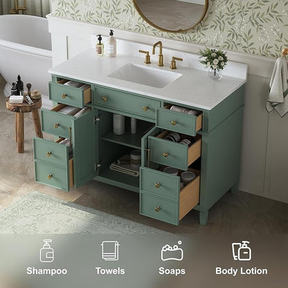 48" Bathroom Vanity with Sink, Sea Green Painted Vanity with Countertop & Backsplash, Stone top and Soft-Closing Drawers, Solid Wood Frame, No Assembly Required