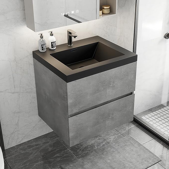 24 Inch Floating Bathroom Vanity with Sink, Modern Grey Wall Mounted Floating Vanity with Scratch-Resistant Quartz Sand Basin and Soft Closing Drawers, Pre Assembled Bathroom Vanity
