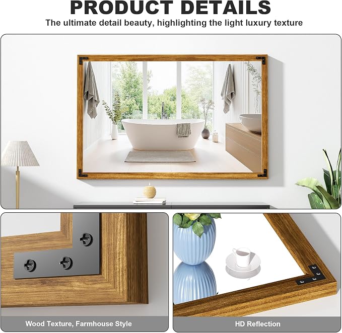 Hasipu Farmhouse Bathroom Mirror, 48"x32" Rustic Wood Framed Wall Mounted Mirror, Walnut Vintage Vanity Mirror Modern Farmhouse Style Decrative Mirrors