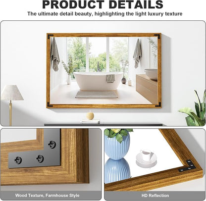 Hasipu Farmhouse Bathroom Mirror, 48"x32" Rustic Wood Framed Wall Mounted Mirror, Walnut Vintage Vanity Mirror Modern Farmhouse Style Decrative Mirrors