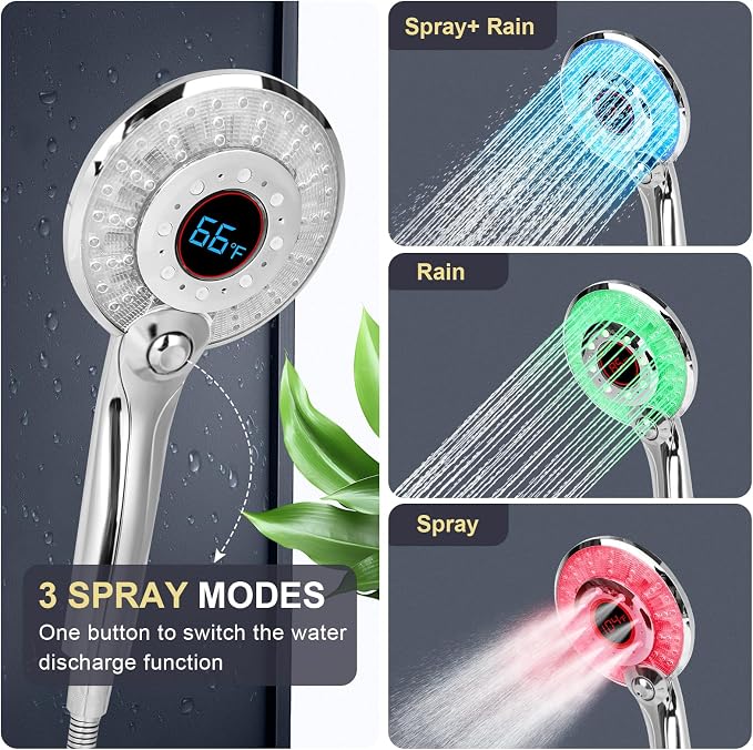 LED Shower head with Temperature Display with 59" Stainless Steel Hose | Temperature Display Sensor Light up with 3 Color, Water Saving Showerhead with Shower Adapter