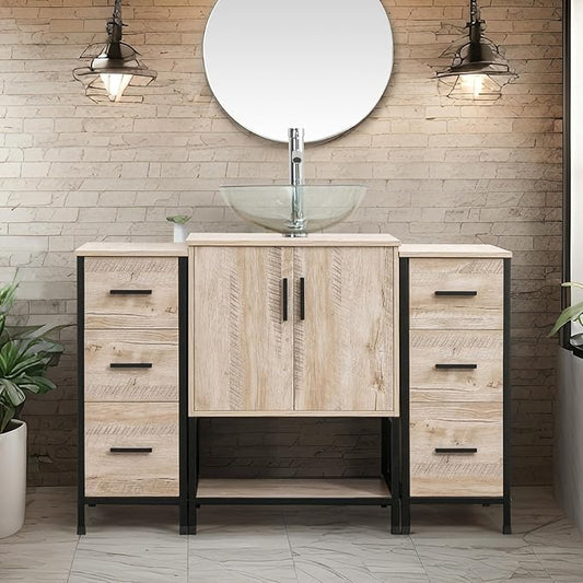 UEV 48" Bathroom Vanity,Oak Color Bathroom Vanity Set with Sink and 3 Drawers Side Cabinet Combo,with Adjustable Water Temperature Faucet (A16)