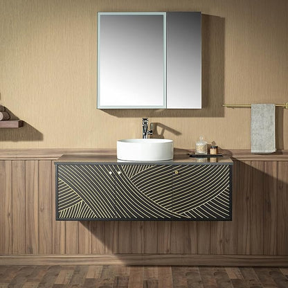 Woodbridge 48" Wall Mounted Floating Bathroom Vanity – Round Ceramic Vessel Sinks & Black Engineered Stone Top, Matte Black Lacquer Finish and Gold Accents, Space-Saving Wall-Mount Style