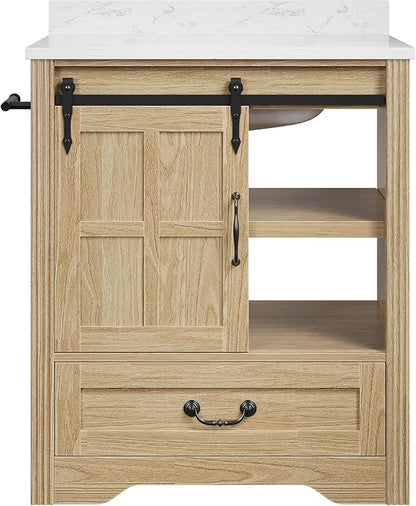 IRONCK Bathroom Vanity with Sink 30", Vanity Cabinet with Water Baffle | Engineered Marble Top & Ceramic Sink, Soft Close Drawer & Open Shelves, Easy Assembly, Farmhouse Vanity for Bathroom