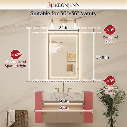 Keonjinn 24x36 Inch Nickel LED Bathroom Mirror with Lights, Beveled Edge | Frontlit & Backlit, Lighted Bathroom Mirror, HD Tempered Glass, 3 Color Temperatures, Anti-fog, Stepless Dimmable