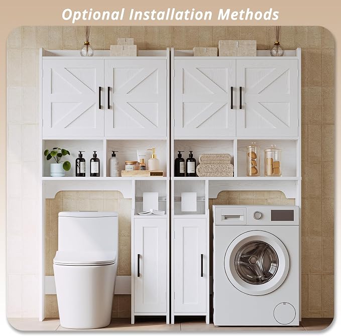 IRONCK 67 in Over The Toilet Storage Cabinet with Adjustable Shelves White | waterproof; side cabinet; toilet paper holder; anti-tip stable frame; bathroom laundry room; barn door farmhouse decor