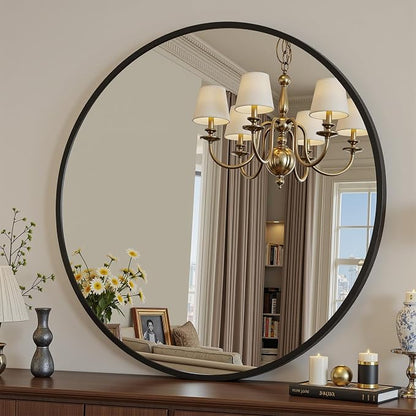 Antok 36 Inch Round Mirror for Wall, Round Bathroom Mirror, Circle Wall Mirrors with Black Metal Frame, Circle Mirrors Suitable for Wall, Bathroom, Vanity, Living Room, Entryway