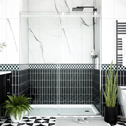 Sliding Shower Door 56–60 inch W× 76 inch H, Frameless Glass Shower Door with Square Stainless Steel Track and 55mm Rollers, 6mm Tempered Glass, Modern Sliding Shower Doors for Bathroom Remodeling