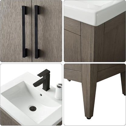 HomeBeyond 24 Inch Bathroom Vanity with Sink & Ceramic Top, Single Vanity Cabinet with Basin, Soft-Closing Doors & Matte Black Hardware, Driftwood Gray