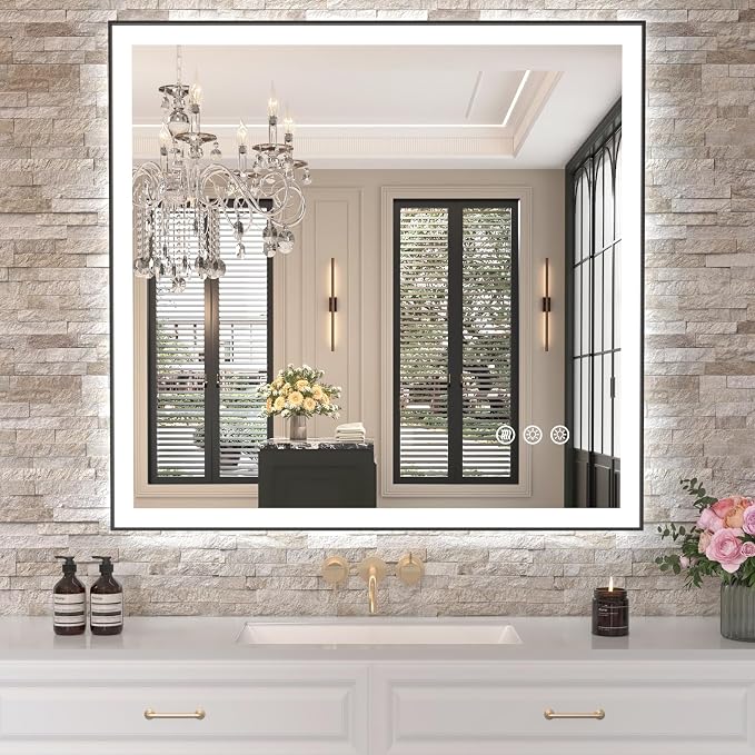 40"x30" LED Bathroom Mirror, Frontlit&Backlit, Controlled Separately | Black Metal Frame, Stepless Dimmable, Anti-Fog, HD Reflection, Shatter-Proof, 3 Colors Lighting, Memory, UL Listed