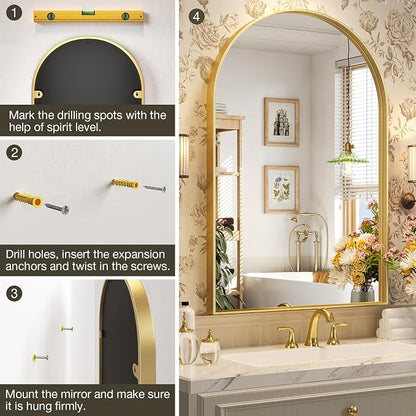 Brightify Gold Arched Mirror, 24 x 32 Inch Arch Wall Mirror, Brass Metal Frame Bathroom Mirror, Arched Top Bathroom Vanity Mirror for Living Room Bedroom Mantel Entryway Hallways