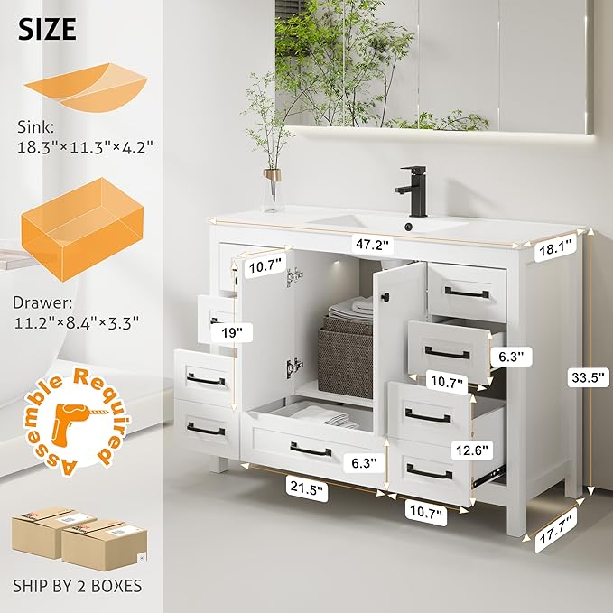 eclife 48" Bathroom Vanities with Sink Combo, Modern Thickened Wood Bathroom Storage Cabinet w/Undermount Single Sink, Matte Black Faucet Drain, Painted Surface, White