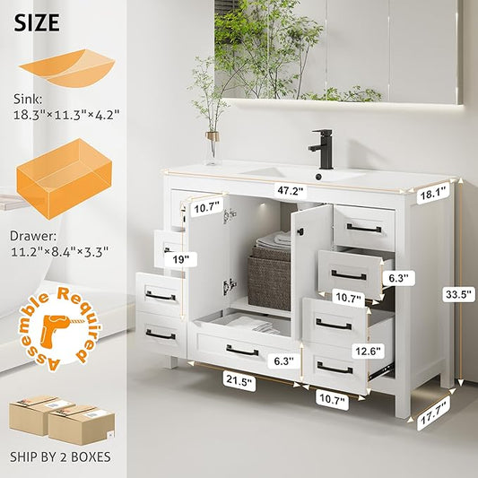 eclife 48" Bathroom Vanities with Sink Combo, Modern Thickened Wood Bathroom Storage Cabinet w/Undermount Single Sink, Matte Black Faucet Drain, Painted Surface, White