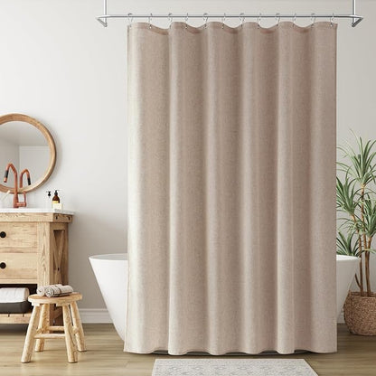 Extra Long Linen Shower Curtain for Bathroom 80 Inch Sand Beige | Weighted Fabric Bath Curtains with Hooks, Water Repellent, Neutral Boho Farmhouse, Simple Luxury Shower Decor, 1 Panel, 72x80