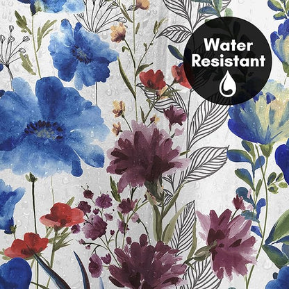 Americanflat 71x74 Floral Shower Curtain - Water-Resistant Long Shower Curtain with Metal Grommets and 12 Hooks - 100% Polyester - Botanical Bathroom Curtains - Blue, Purple, Crimson, Green and White