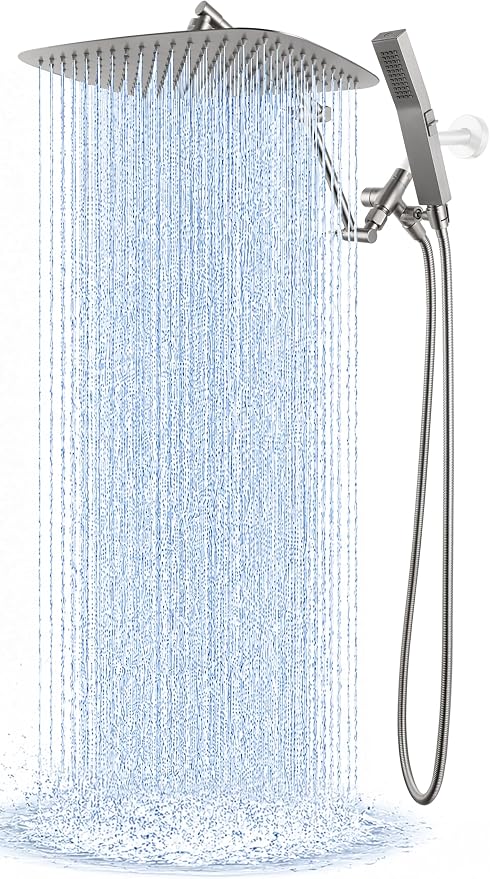 G-Promise All Metal 14 Inches Rainfall Shower Head with Handheld Combo | All Metal, Built to Last, Easy Install, Adjustable Height & Angle for All Heights, Extra Long Hose, Modern Upgrade