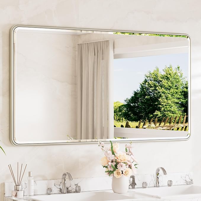 Brushed Nickel Vanity Mirror for Bathroom 55 x 30 Beveled Edge Tempered Glass, Rounded Corner Rectangle Wall Mirror for Modern Bathroom, Living Room, Bedroom, Entryway