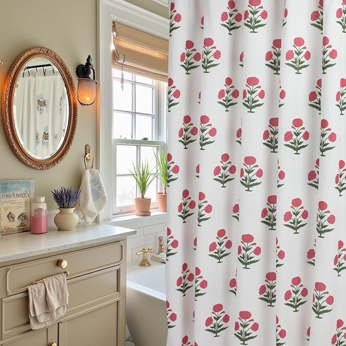 MUGINYU Pink Floral Shower Curtain-72x72 Inches,Cotton Blend Cloth Fabric,Girly Cute Coquette Style with Green Block Print for French Country Bathroom Decor
