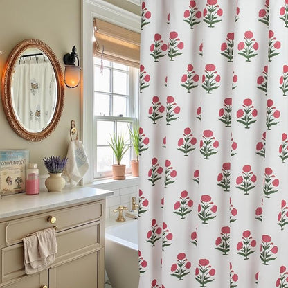 MUGINYU Pink Floral Shower Curtain-72x72 Inches,Cotton Blend Cloth Fabric,Girly Cute Coquette Style with Green Block Print for French Country Bathroom Decor