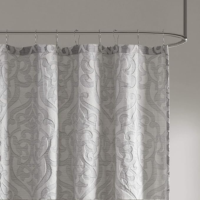 Madison Park Fabric Damask Medallion Shower Curtain, 72"x72", Silver | Luxe Textured Jacquard, Machine Washable Modern Home Bathroom Decor, Bathtub Privacy Screen