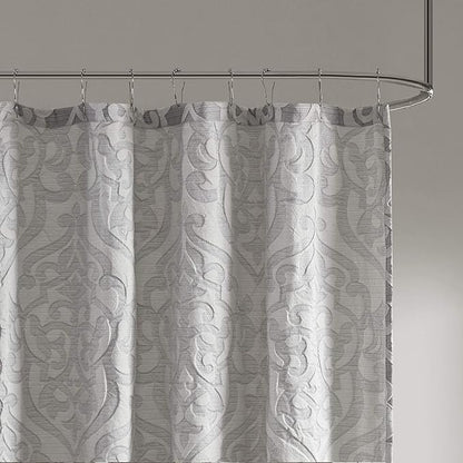 Madison Park Fabric Damask Medallion Shower Curtain, 72"x72", Silver | Luxe Textured Jacquard, Machine Washable Modern Home Bathroom Decor, Bathtub Privacy Screen