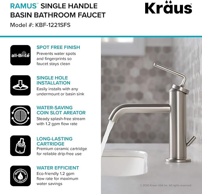 KRAUS Ramus Single Handle Bathroom Sink Faucet with Lift Rod Drain in Spot Free Stainless Steel, KBF-1221SFS