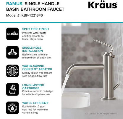KRAUS Ramus Single Handle Bathroom Sink Faucet with Lift Rod Drain in Spot Free Stainless Steel, KBF-1221SFS