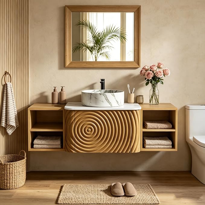 48" Floating Bathroom Vanity with Sink, Mid-Century Wall Mounted Bathroom Vanity Cabinet with Wood Waved Decor,Marble Ceramic Basin and Sintered Stone Top, Soft Close Drawer, 2 Side Open Cube
