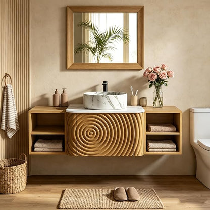 48" Floating Bathroom Vanity with Sink, Mid-Century Wall Mounted Bathroom Vanity Cabinet with Wood Waved Decor,Marble Ceramic Basin and Sintered Stone Top, Soft Close Drawer, 2 Side Open Cube