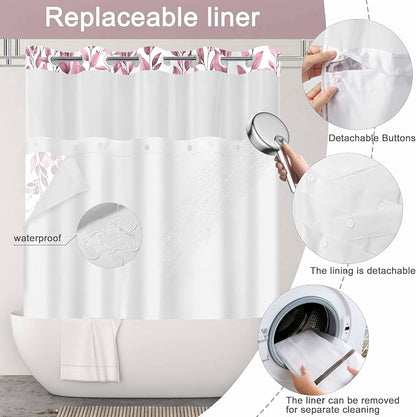 No Hook Shower Curtain and Liner Set, Dark Red Eucalyptus 71x77 | Floral Design, with Snap in Liner, See-Through Top Window, Waterproof, Machine Washable, Quick-Drying, for Hotel Bathroom