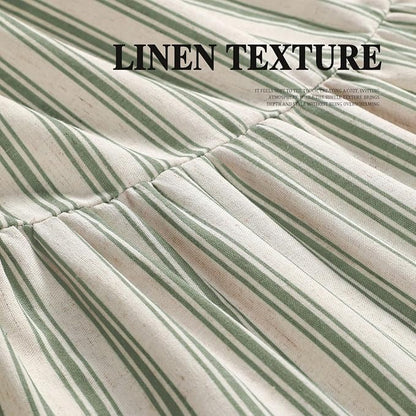 Farmhouse Shower Curtain Ruffle Linen Cream-Green Stripe 72"W x 75"L | Farmhouse Boho, Striped, Bottom Ruffle, Linen Fabric, Rustic, Country, Natural Look, Washable, for Bathroom Bathtub