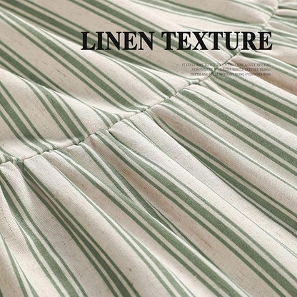 Farmhouse Shower Curtain Ruffle Linen Cream-Green Stripe 60"W x 72"L | Farmhouse Boho, Striped, Bottom Ruffle, Linen Fabric, Rustic, Country, Natural Look, Washable, for Bathroom Bathtub