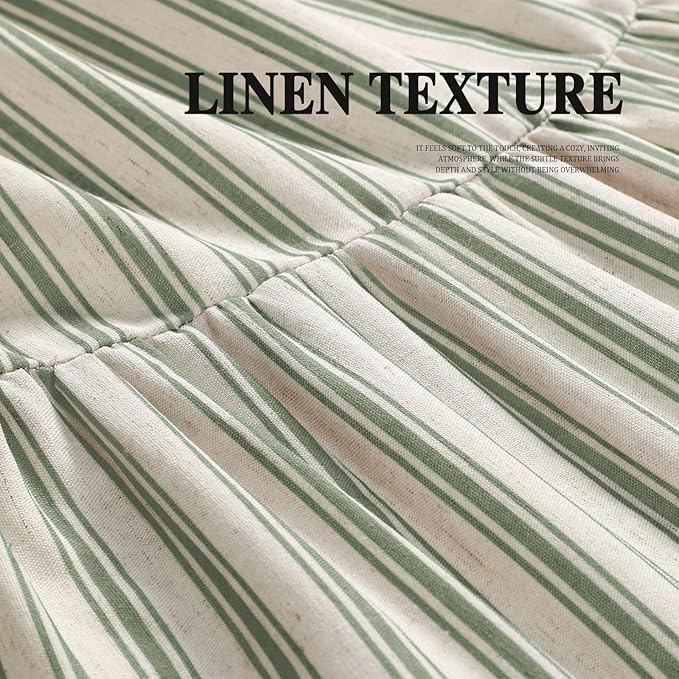 Farmhouse Shower Curtain Ruffle Linen Cream-Green Stripe 72"W x 84"L | Farmhouse Boho, Striped, Bottom Ruffle, Linen Fabric, Rustic, Country, Natural Look, Washable, for Bathroom Bathtub