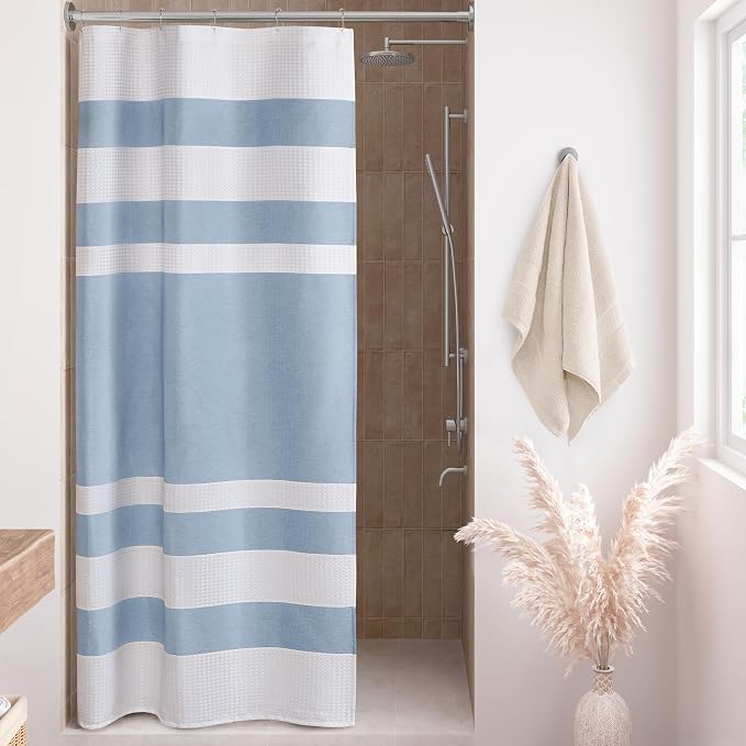 Madison Park Spa Waffle Weave Stall Shower Curtain, 36 x 72, Blue | Striped, Pieced Fabric Design, 3M Scotchgard Moisture Management, Hotel Quality, Modern, for Bathroom, OEKO-TEX Certified