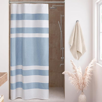 Madison Park Spa Waffle Weave Stall Shower Curtain, 36 x 72, Blue | Striped, Pieced Fabric Design, 3M Scotchgard Moisture Management, Hotel Quality, Modern, for Bathroom, OEKO-TEX Certified