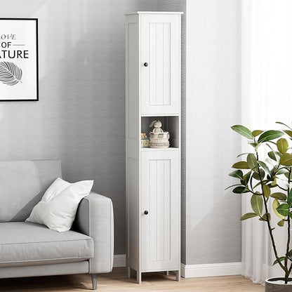 Tall Bathroom Storage Cabinet with 2 Doors, 67"H Narrow Storage Cabinet with Adjustable Shelves& Anti-Tip Design, Reversible Door Installation, Easy Assembly, 11.8 x 11.8 x 66.9 Inches, White