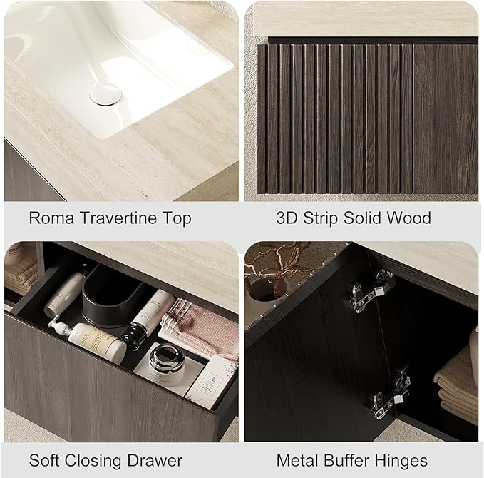 30" Floating Bathroom Vanity with Sink, Wall Mounted Storage Vanities with Drawer and Door, Roma Travertine-Pattern Top and 3 Pre-drilled Faucet Holes Basin, Pre-Assembled Cabinet, Espresso Woodgrain