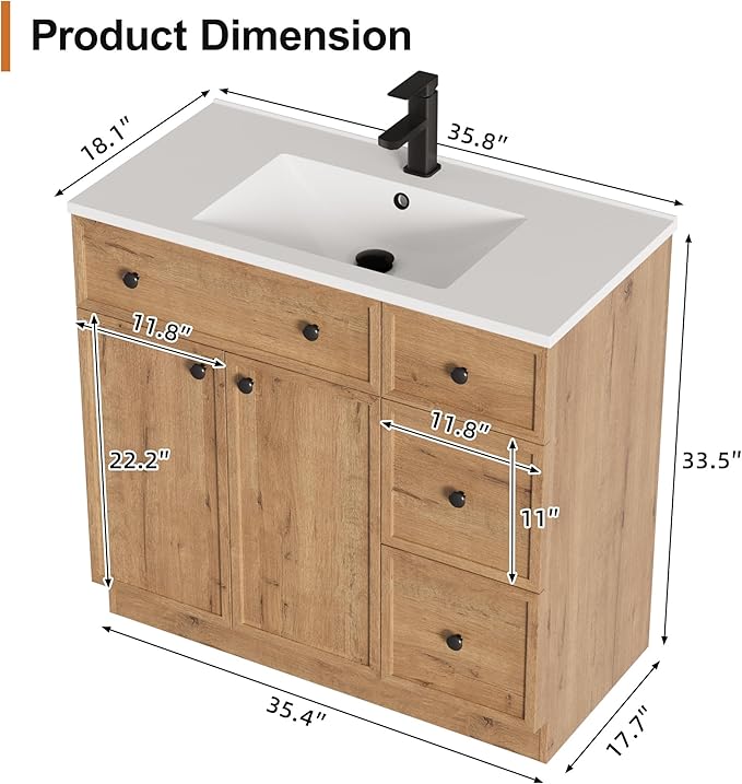 LUCKWIND 36" Bathroom Vanity Sink Combo, Modern Bathroom Cabinet with Undermount Solid Surface Vanity Sink, Soft-Close Hinges & Water-Saving Faucet, Natural