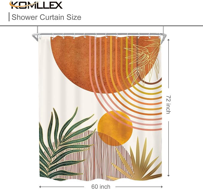 Mid Century Orange Boho Abstract Modern S Bathroom Shower Curtain Set | 60Wx72L Plant Botanical design, waterproof HD print with fast-drying fabric and 12 hooks.