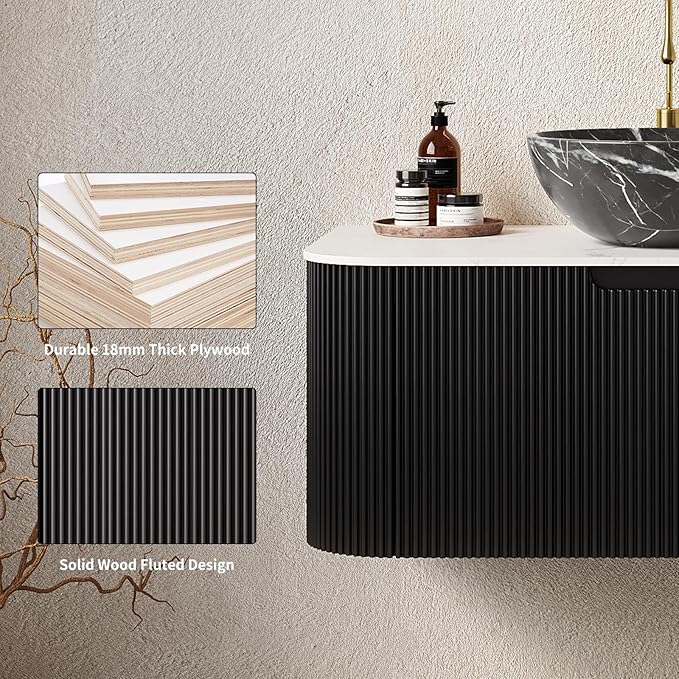 Yayzy 60" Floating Bathroom Vanity with Sink, Solid Wood Fluted Cabinet, White Marble-Patterned Ceramic Basin & Faux Marble Top, Soft-Close Drawer, Pre-Assembled, Gloss Black
