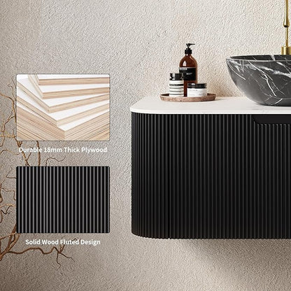 Yayzy 48" Floating Bathroom Vanity with Sink, Solid Wood Fluted Cabinet, White Marble-Patterned Ceramic Basin & Faux Marble Top, Soft-Close Drawer, Pre-Assembled, Gloss Black
