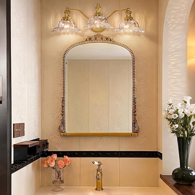 Brass Bathroom Light Fixtures Over Mirror, 3 Light Vintage Bathroom Vanity Light Fixture with Clear Flower Glass Shades, Retro Gold Wall Sconce E26 Vanity Lights for Bathroom Living Room