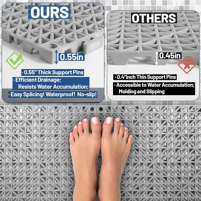 12PCS Drainage Interlocking Floor Tiles 11.8" x 11.8", Modular Interlocking Cushion Soft PVC Floor Non-Slip Splicing Waterproof Mat for Pool, Shower, Patio, Balcony, Bathroom, Kitchen, Yard（Grey）