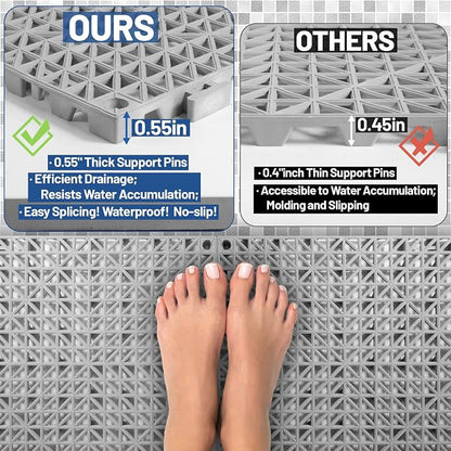 12PCS Drainage Interlocking Floor Tiles 11.8" x 11.8", Modular Interlocking Cushion Soft PVC Floor Non-Slip Splicing Waterproof Mat for Pool, Shower, Patio, Balcony, Bathroom, Kitchen, Yard（Grey）