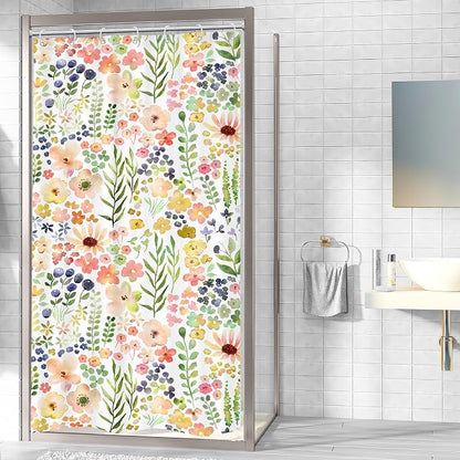 Small Stall Green Yellow Floral Narrow Colorful Bathroom Shower Curtain Set | 36"W x 72"H Flower Spring; waterproof HD print, quick-dry fabric with 12 hooks for easy hanging.