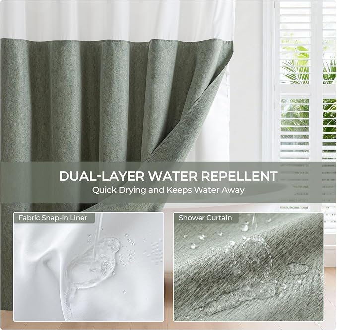 River Dream Linen Textured No Hooks Shower Curtain with Liner,Green,71x74 | Mesh Top Window,with Snap-in Liner,Heavy Duty Fabric,Quick Dry,Bottom Magnets,Water-Repellent,Washable,Farmhouse Bathroom Set