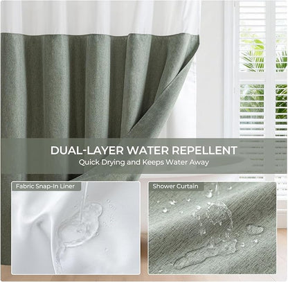 River Dream Linen Textured No Hooks Shower Curtain with Liner,Green,71x74 | Mesh Top Window,with Snap-in Liner,Heavy Duty Fabric,Quick Dry,Bottom Magnets,Water-Repellent,Washable,Farmhouse Bathroom Set