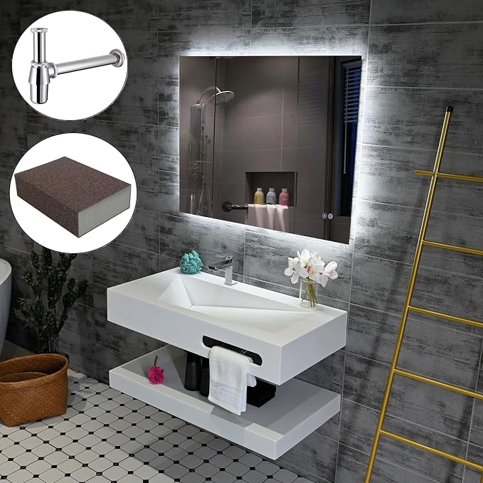 36"x19" Wall Mount Bathroom Vanity with Sink Stone Resin Floating Vanity Sink Rectangular Vessel Sinks for Bathroom White Trough with Shelf Layer (Mirror Not Included)
