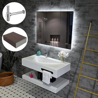 36"x19" Wall Mount Bathroom Vanity with Sink Stone Resin Floating Vanity Sink Rectangular Vessel Sinks for Bathroom White Trough with Shelf Layer (Mirror Not Included)